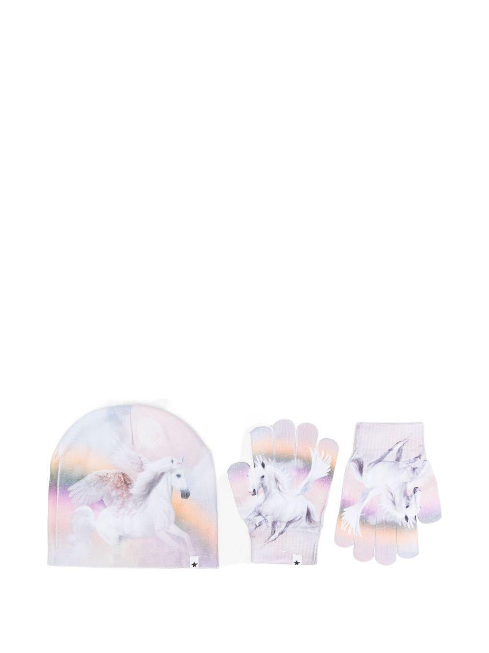 Set cappelli e guanti per bambina Molo rosa con stampa Pegaso - Rubino Kids
