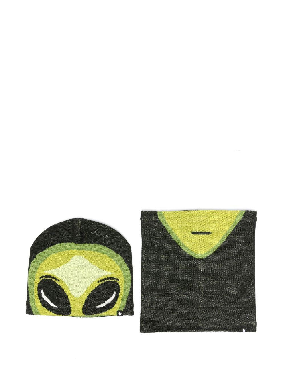 Set cappello e scaldacollo Molo verde con faccia aliena - Rubino Kids