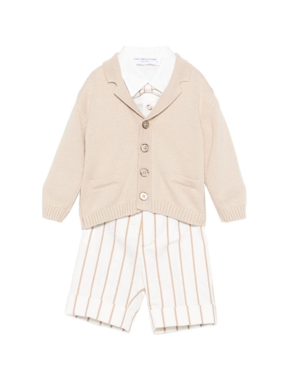 Set cardigan con salopette per neonato Colorichiari beige a righe (3 pezzi) - Rubino Kids