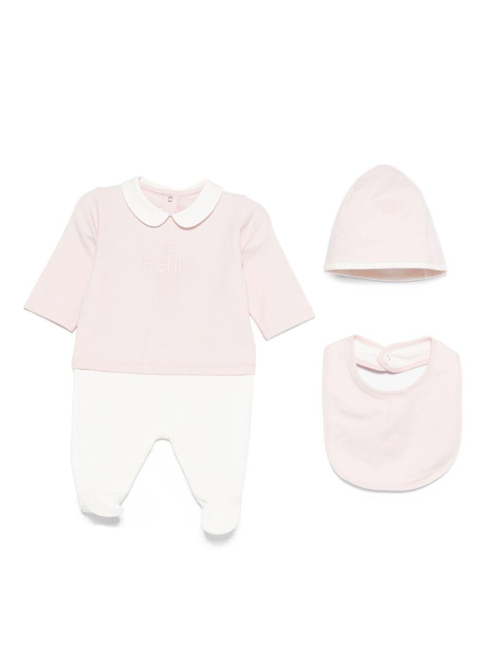 Set con tutina cappellino e bavaglino per neonata Fendi Kids rosa con logo ricamato - Rubino Kids