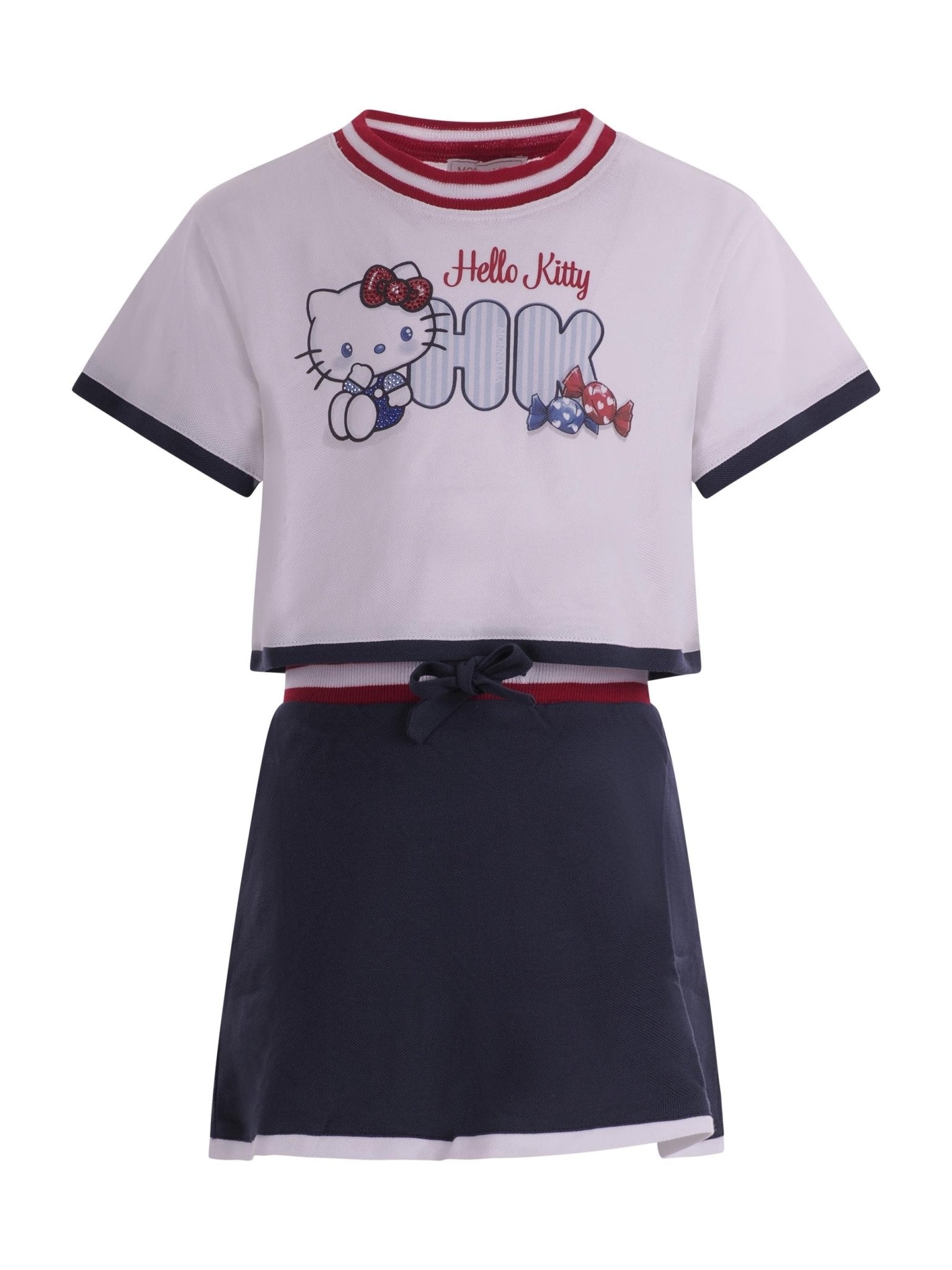 Set due pezzi t-shirt gonna plissettata per bambina Monnalisa blu con stampa grafica sul davanti - Rubino Kids