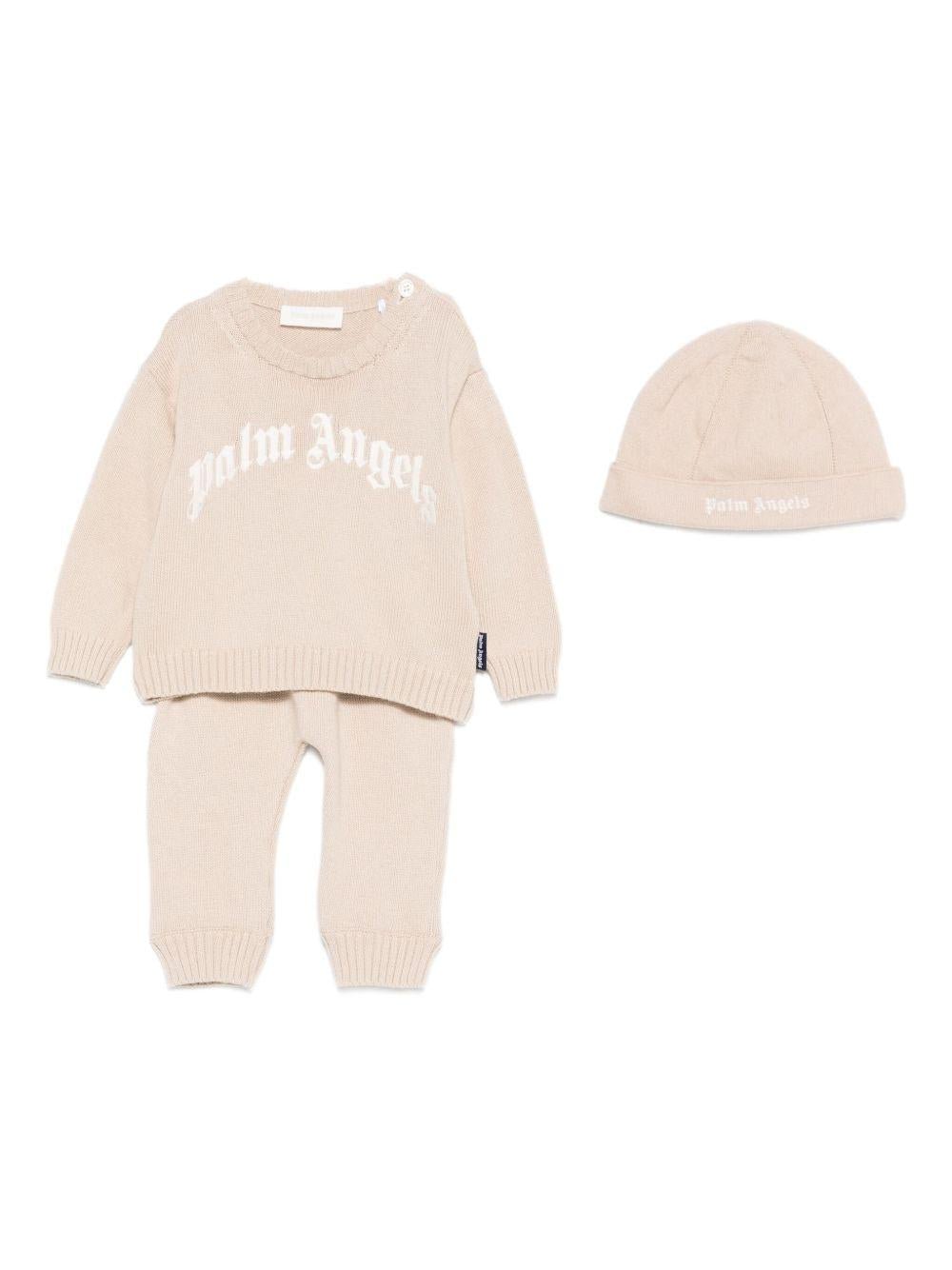 Set maglione e pantaloni per neonata Palm Angels Kids beige in maglia con logo - Rubino Kids