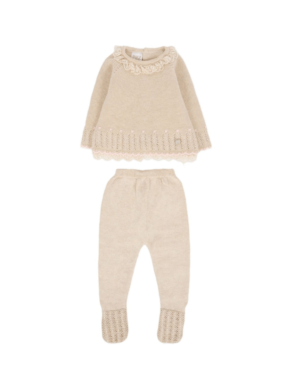 Set maglione e pantaloni per neonata Paz Rodriguez beige con bordo in pizzo - Rubino Kids