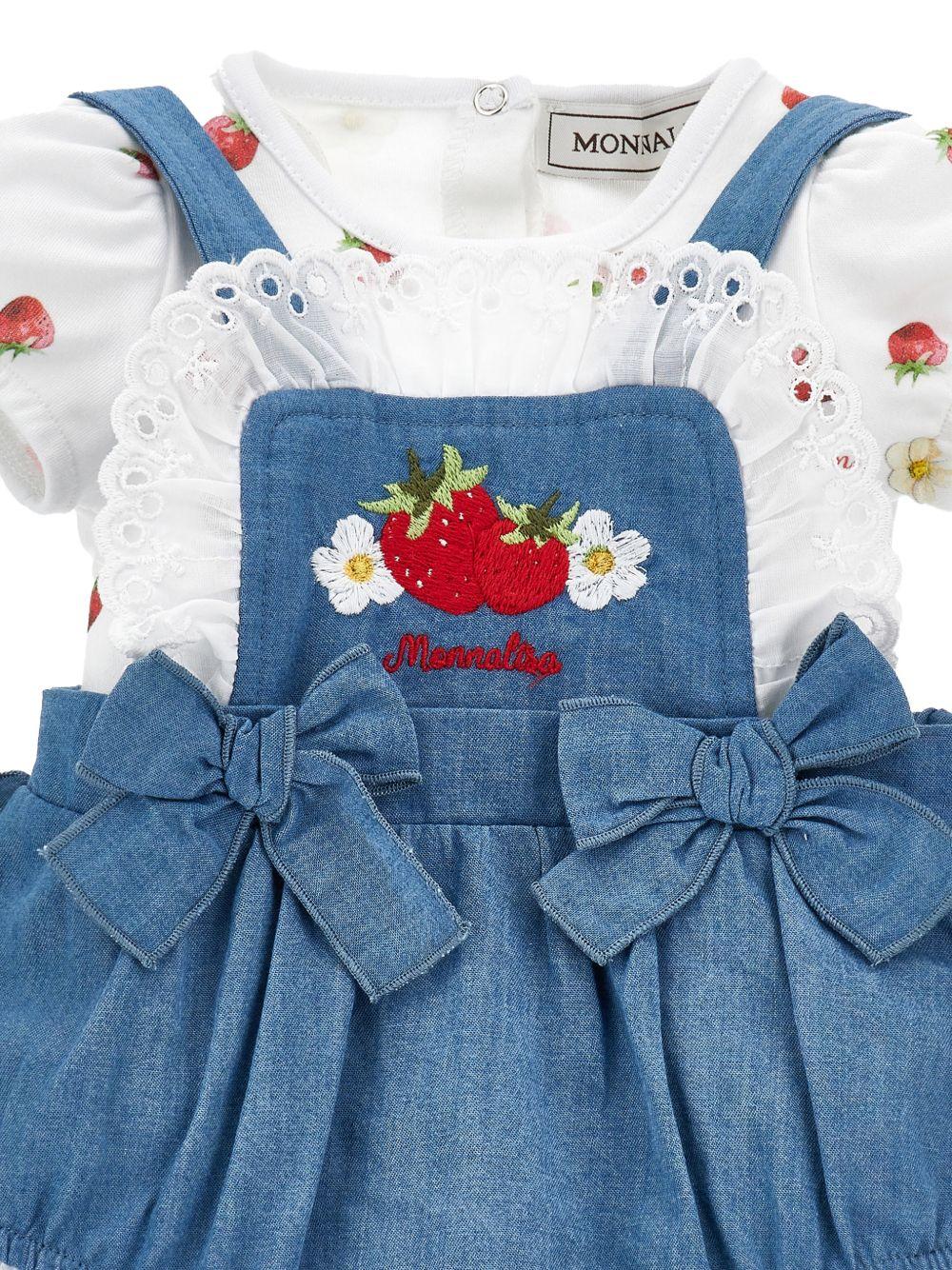 Set salopette, fascia e body per neonata Monnalisa bianco e in denim con ricamo - Rubino Kids