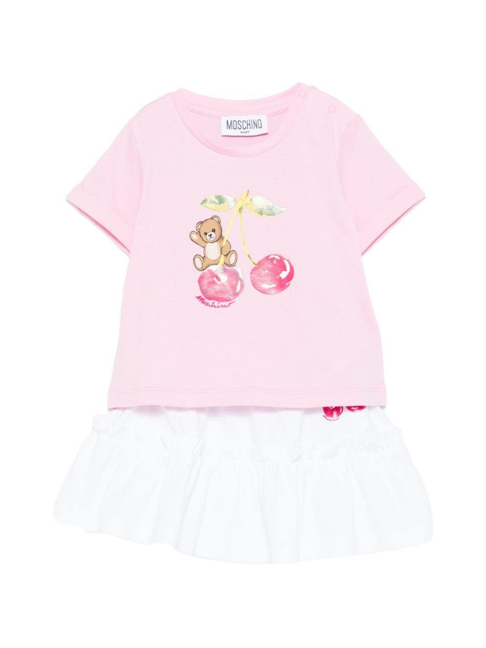 Set t-shirt e gonna per neonata Moschino Kids rosa con stampa Teddy - Rubino Kids
