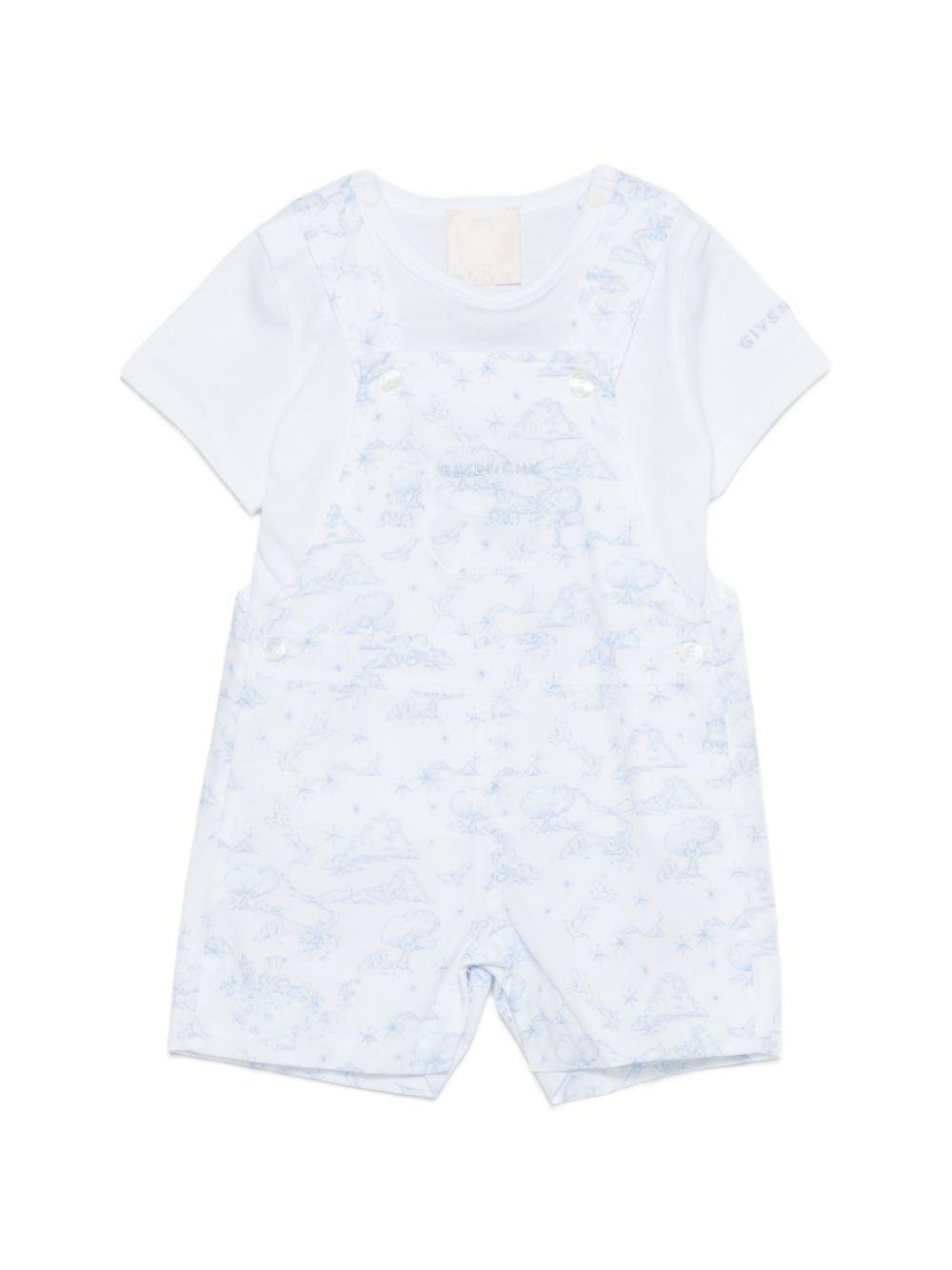 Set t-shirt e salopette per neonato Givenchy Kids azzurro con logo ricamato sul davanti - Rubino Kids