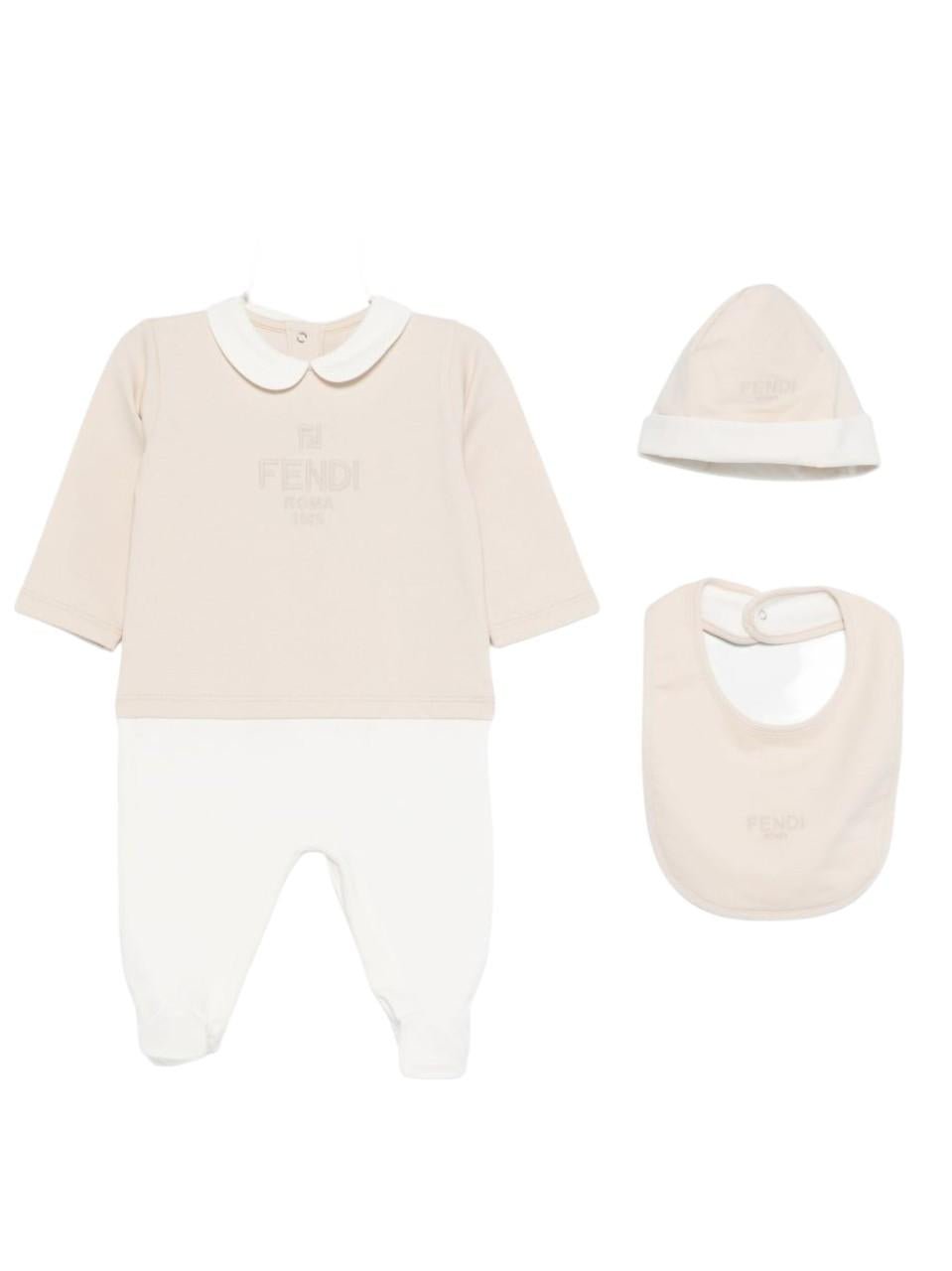 Set tre pezzi per neonati Fendi Kids beige con logo ricamato - Rubino Kids
