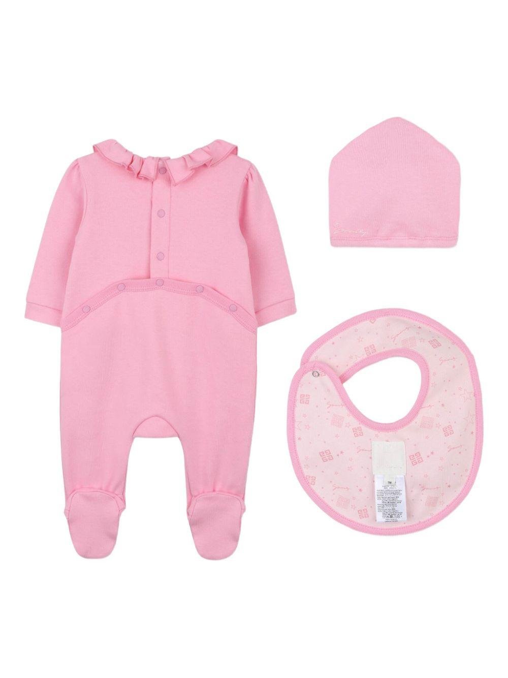 Set tutina bavaglino e cappellino per neonata Givenchy Kids rosa con logo ricamato - Rubino Kids