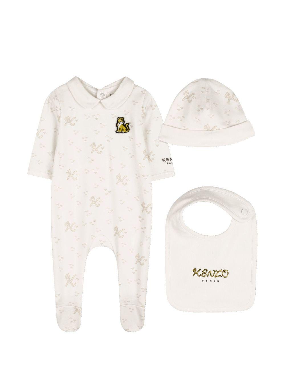 Set tutina, bavaglino e cappellino per neonato Kenzo Kids bianca con stampa a fantasia - Rubino Kids