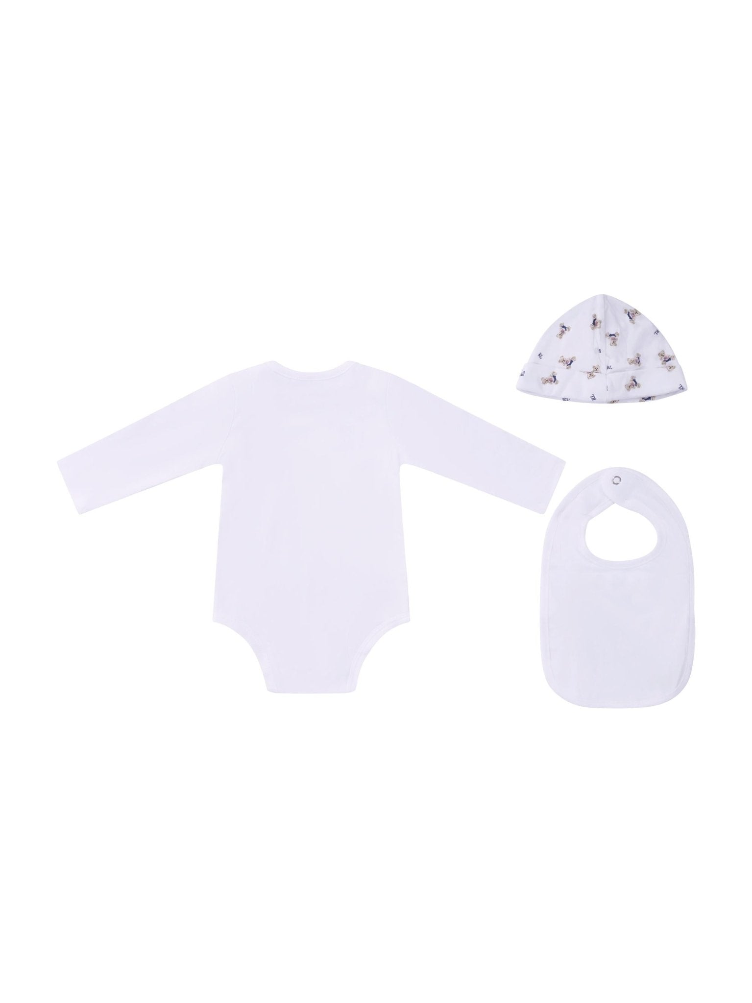 Set tutina bavaglino e cappellino per neonato Polo Ralph Lauren Kids bianco con stampa Teddy Bear - Rubino Kids
