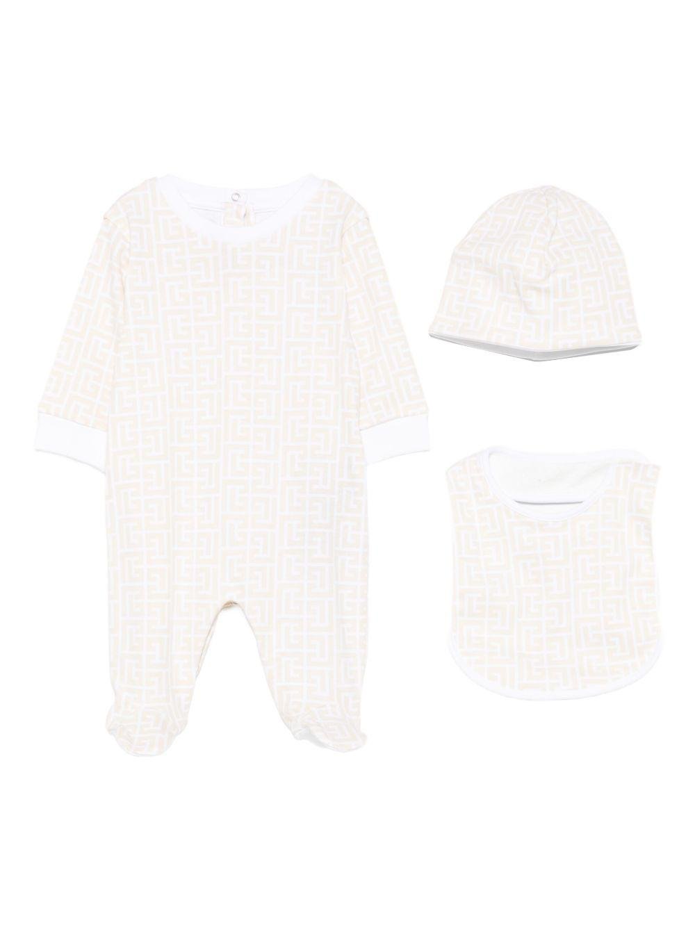 Set tutina, berretto e bavaglino per neonati Balmain Kids beige con stampa geometrica - Rubino Kids