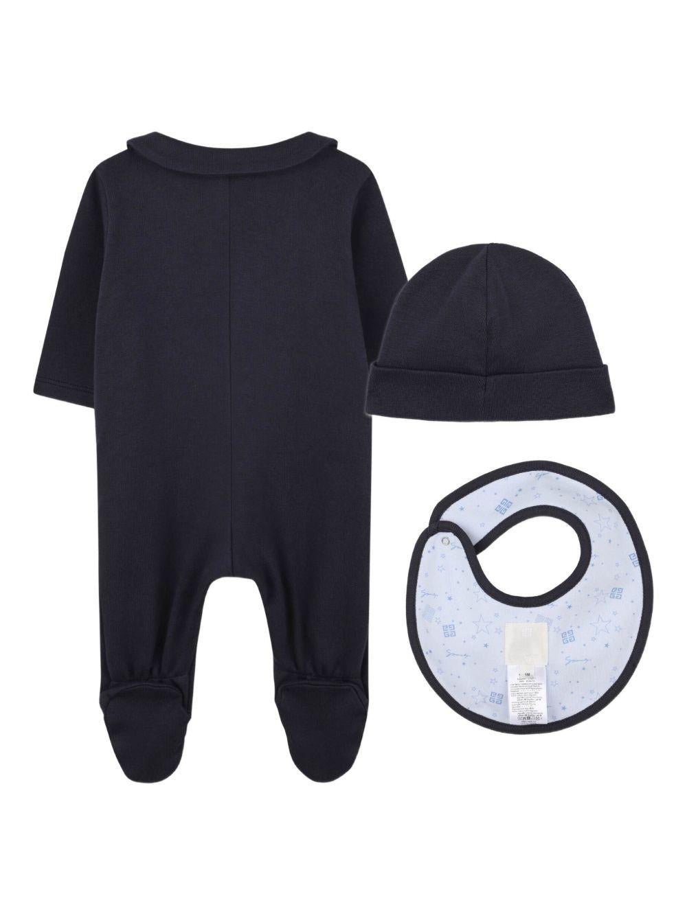 Set tutina cappellino e bavaglino per neonato Givenchy Kids blu con logo ricamato - Rubino Kids