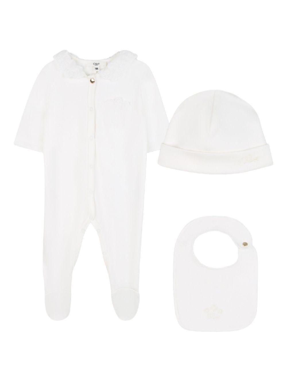 Set tutina cappello e berretto per neonata Chloé Kids bianco con cuciture tono su tono - Rubino Kids