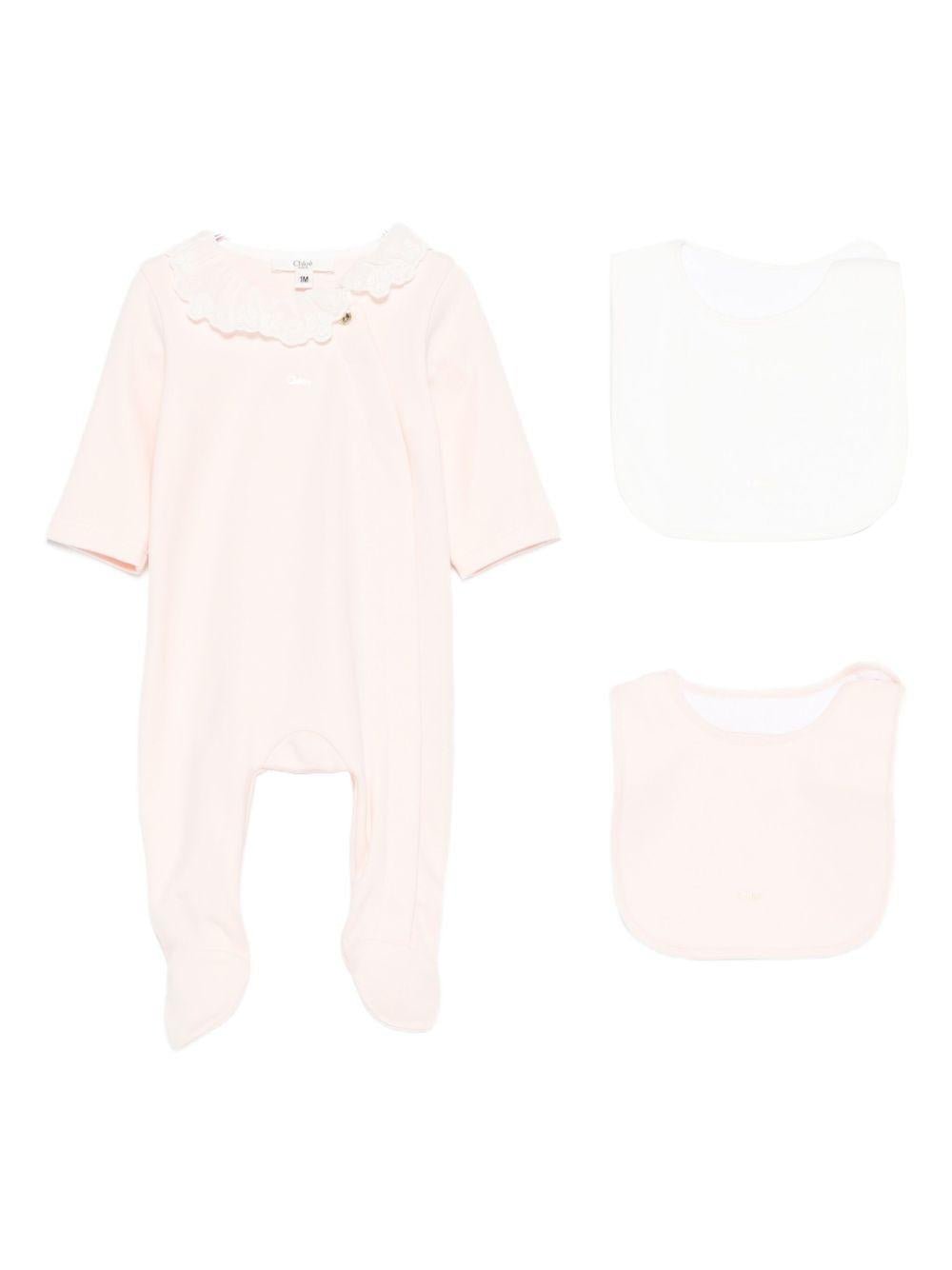 Set tutina e bavaglini per neonata Chloé Kids rosa con colletto a smerlo - Rubino Kids