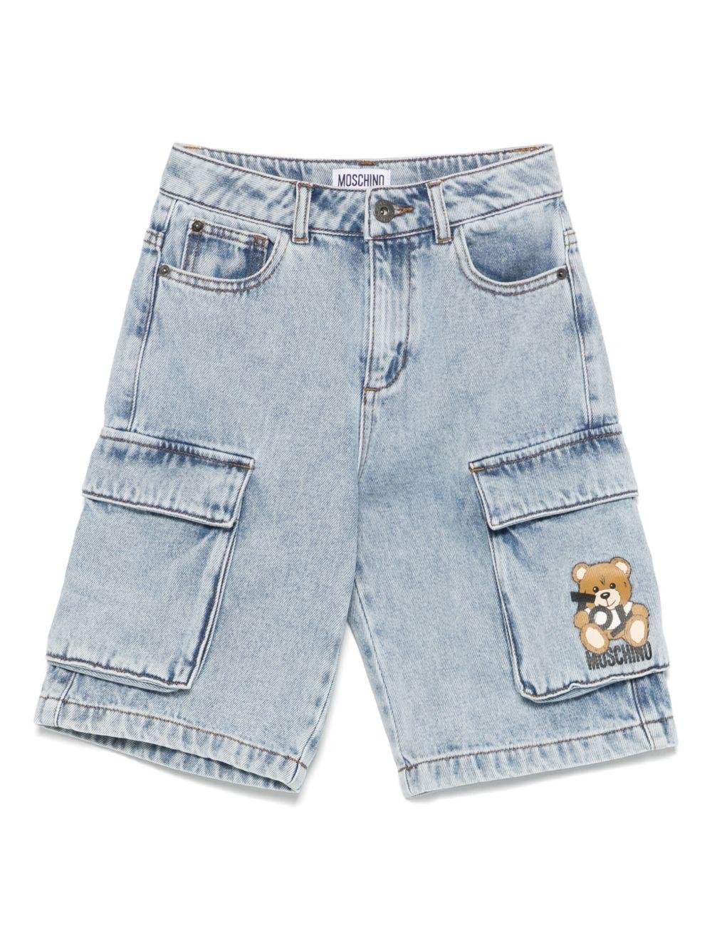 Shorts cargo con motivo Teddy Bear per bambino Moschino Kids azzurro con passanti - Rubino Kids