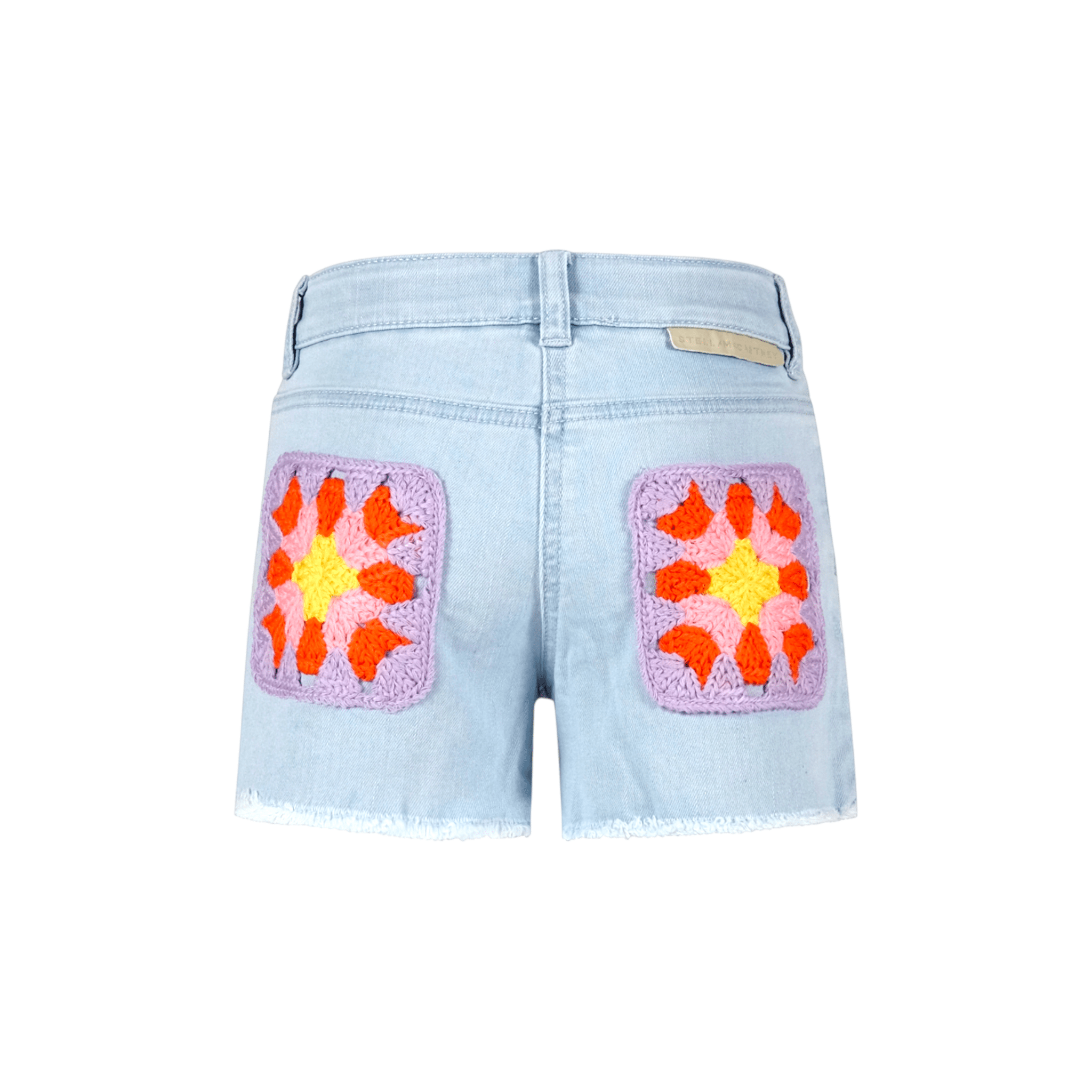 Shorts per bambina Stella McCartney Kids denim con decorazioni in crochet floreali sul retro - Rubino Kids
