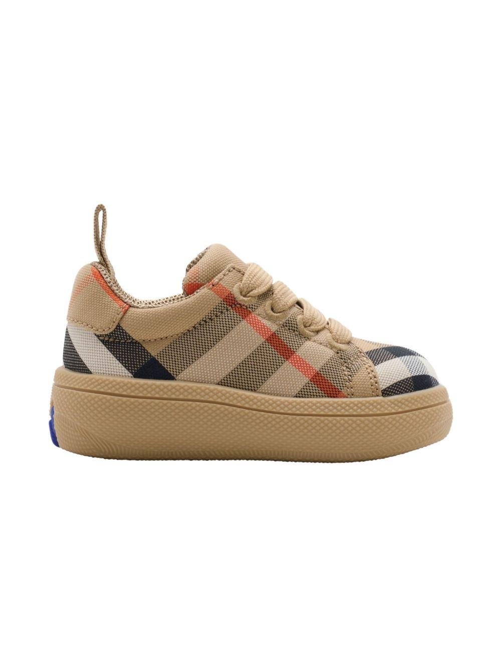Sneakers per neonato Burberry Kids beige con fantasia tartan e caviglia imbottita - Rubino Kids