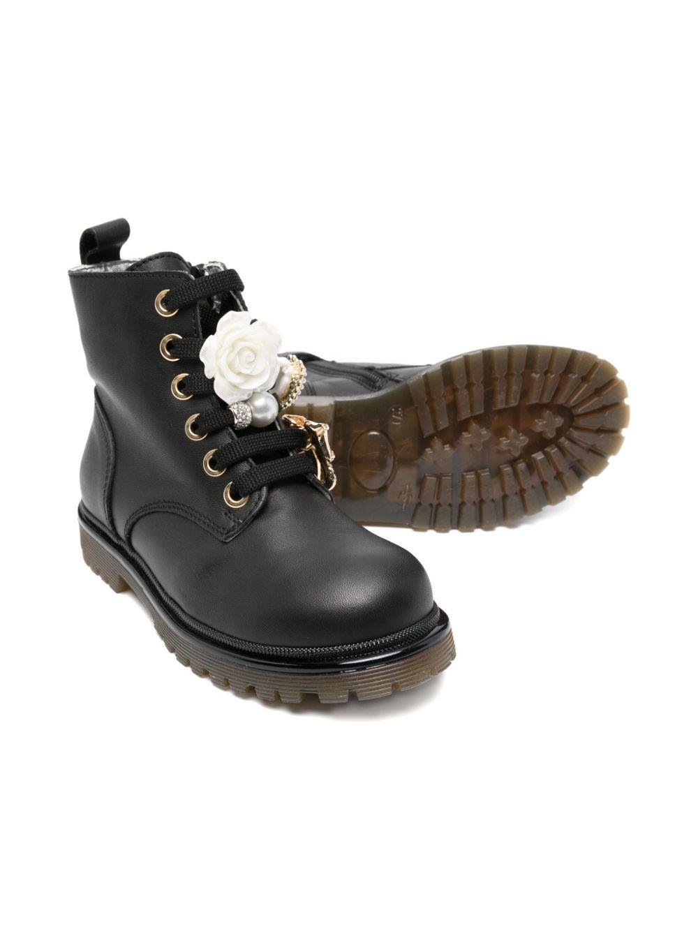 Stivali Amphibian per bambina Monnalisa neri con decorazione floreale - Rubino Kids