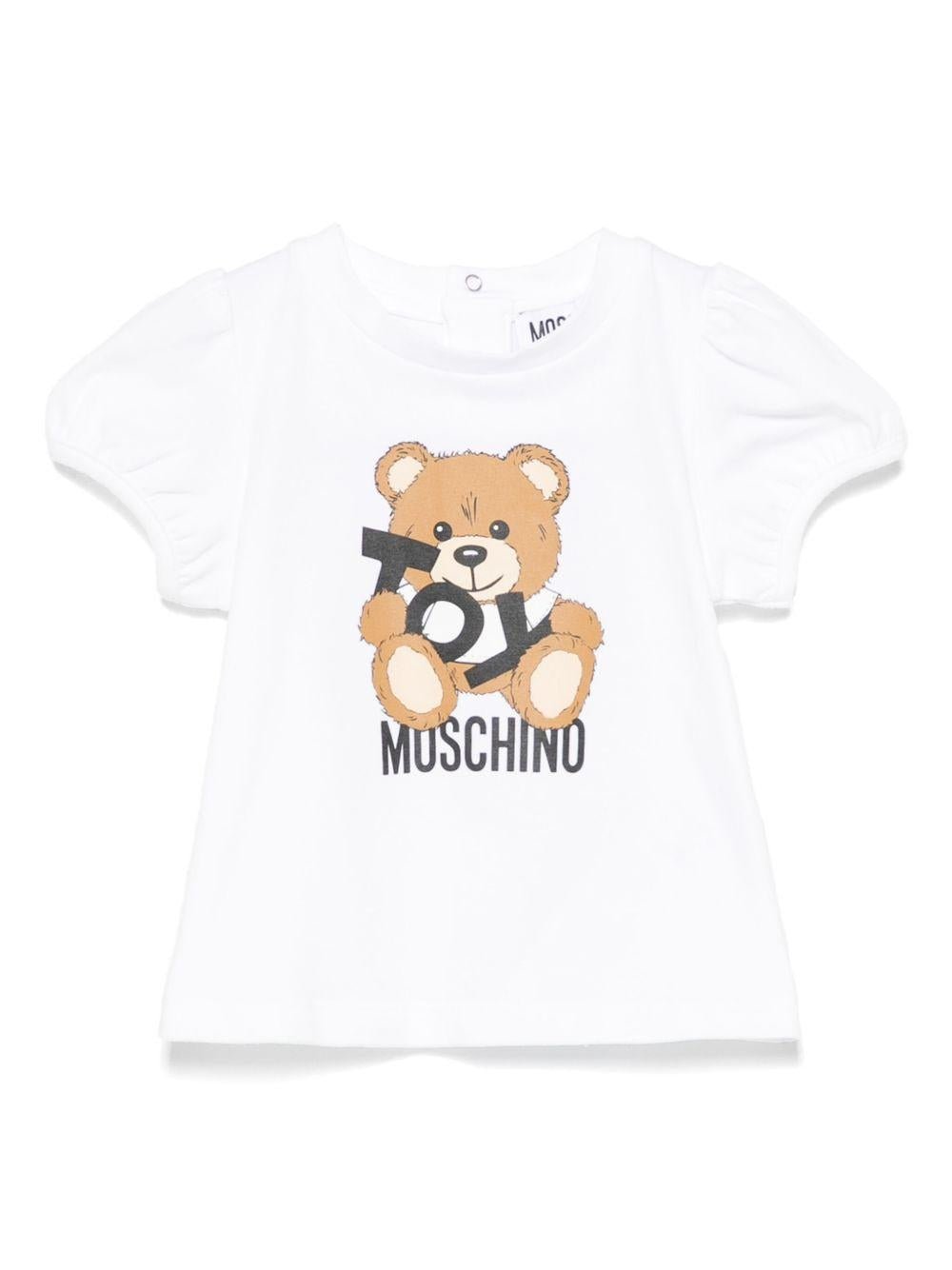 T-shirt con stampa Leo Teddy per neonato Moschino Kids bianco con chiusura posteriore - Rubino Kids