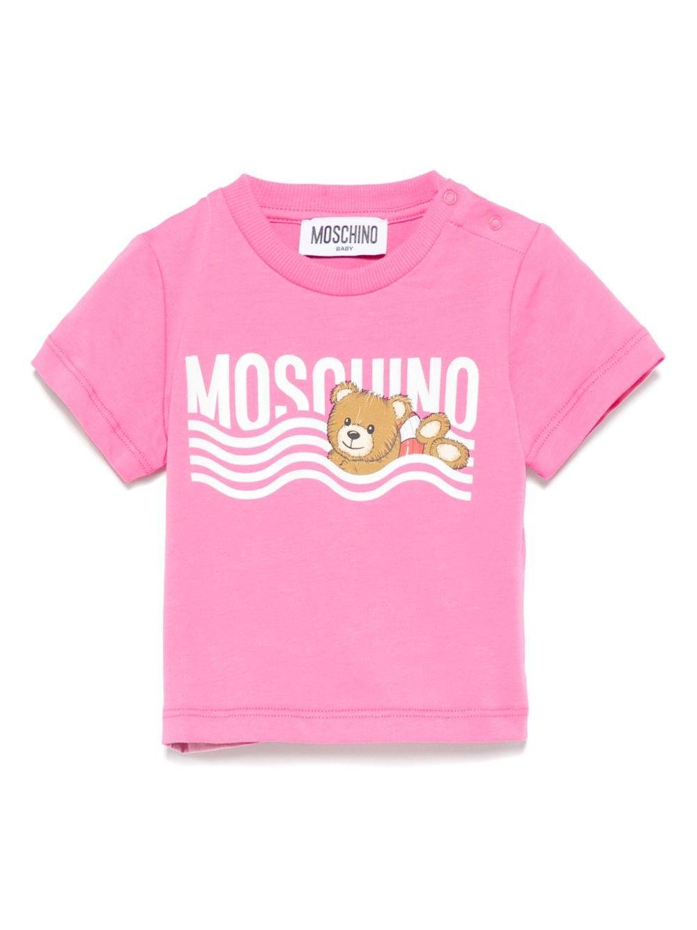 T-shirt con stampa logo per neonata Moschino Kids rosa con scollo rotondo - Rubino Kids