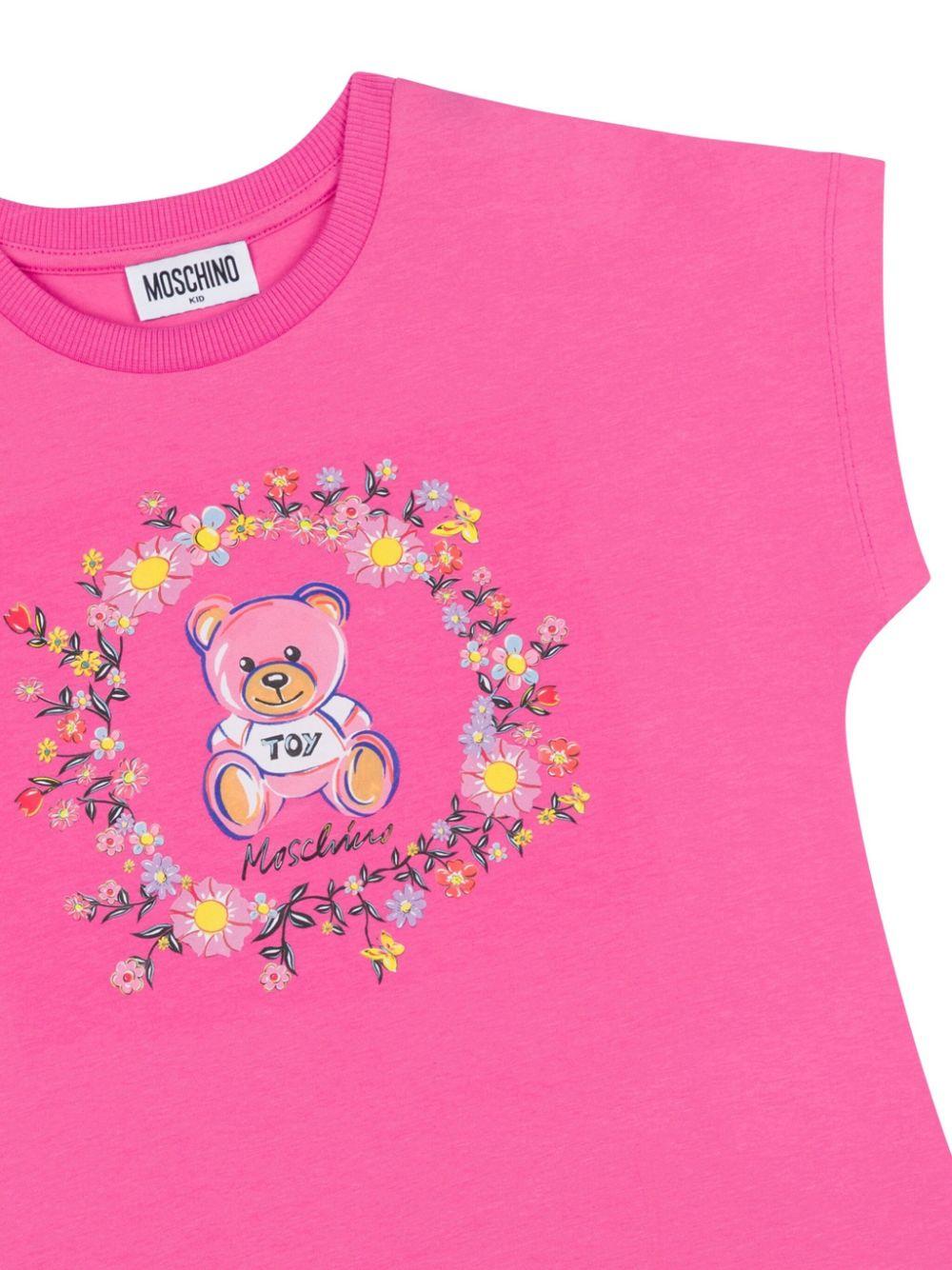T-shirt con stampa Teddy Bear per bambina Moschino Kids rosa con orlo dritto - Rubino Kids