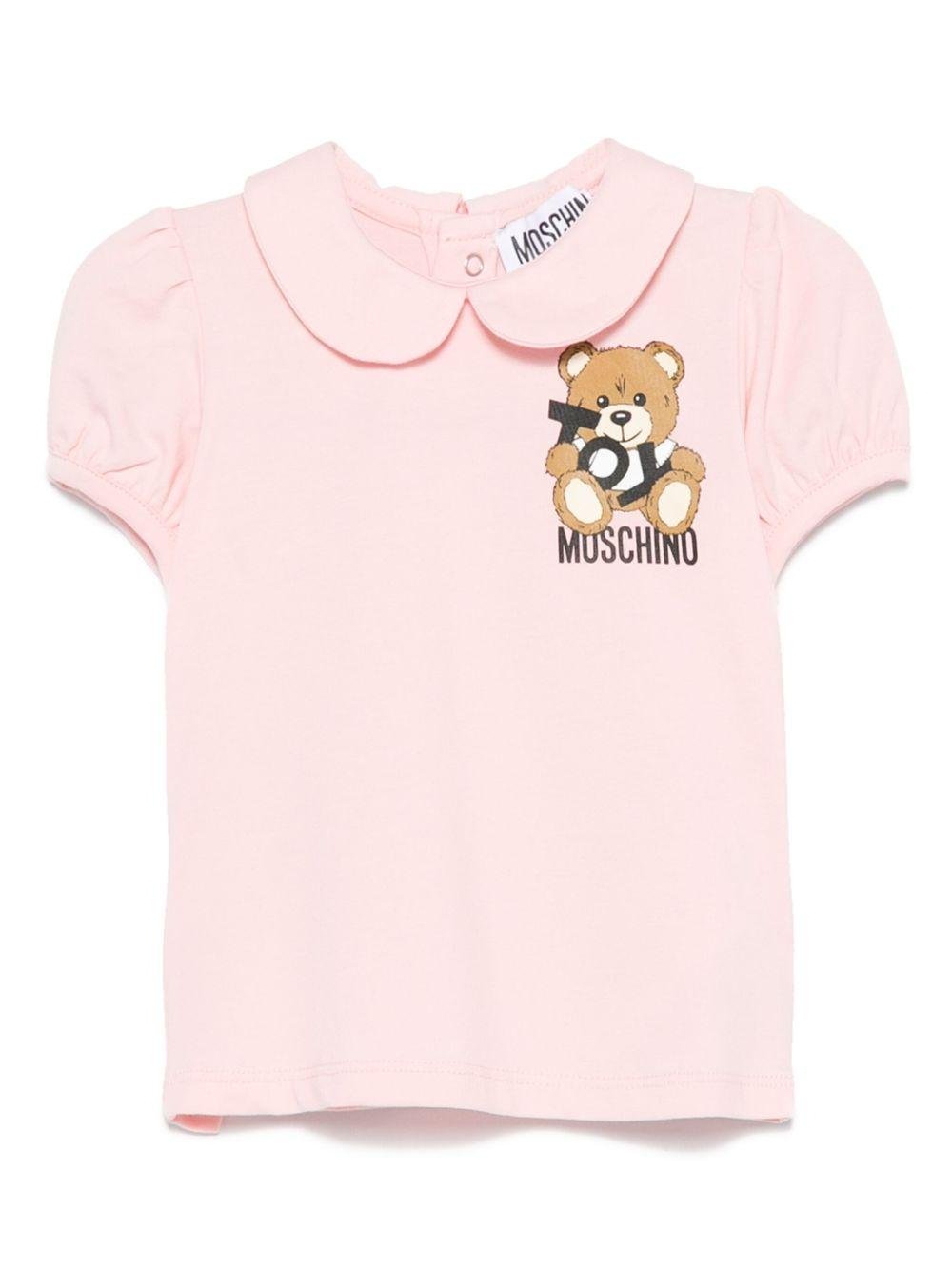 T-shirt con stampa Teddy Bear per neonata Moschino Kids rosa con colletto Peter Pan - Rubino Kids