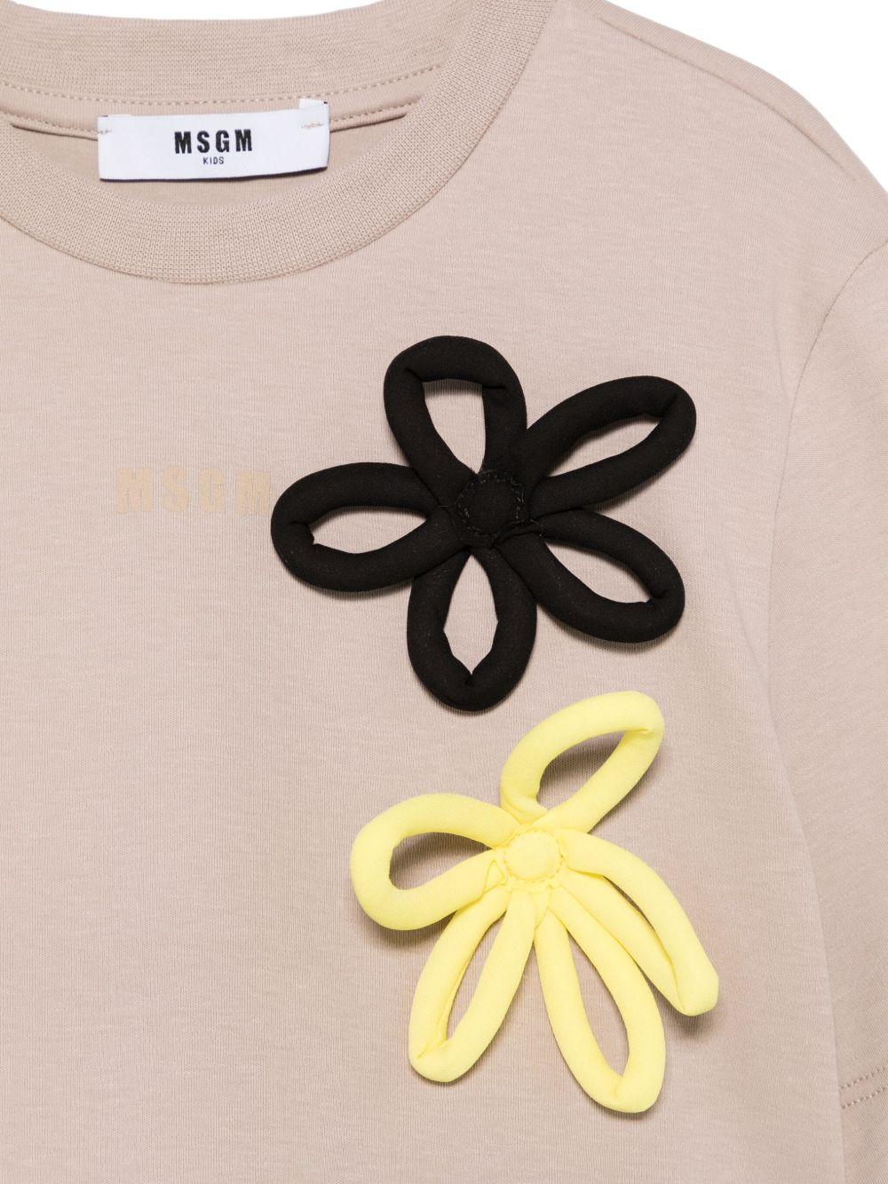 T-shirt crop per bambina MSGM Kids beige mandorla con applicazione a fiori - Rubino Kids