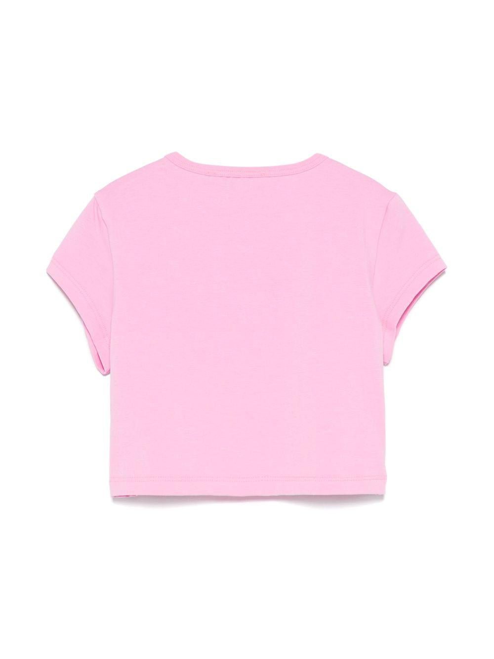 T-shirt crop per bambina MSGM Kids rosa in jersey con ricamo con logo frontale - Rubino Kids
