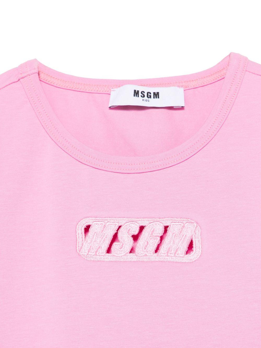 T-shirt crop per bambina MSGM Kids rosa in jersey con ricamo con logo frontale - Rubino Kids