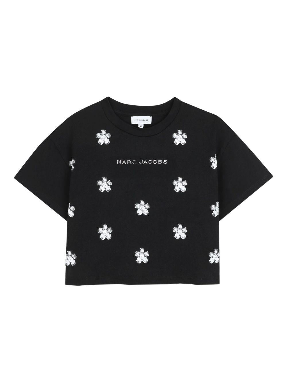 T-shirt crop per bambina The Marc Jacobs Kids nero con ricamo floreale - Rubino Kids