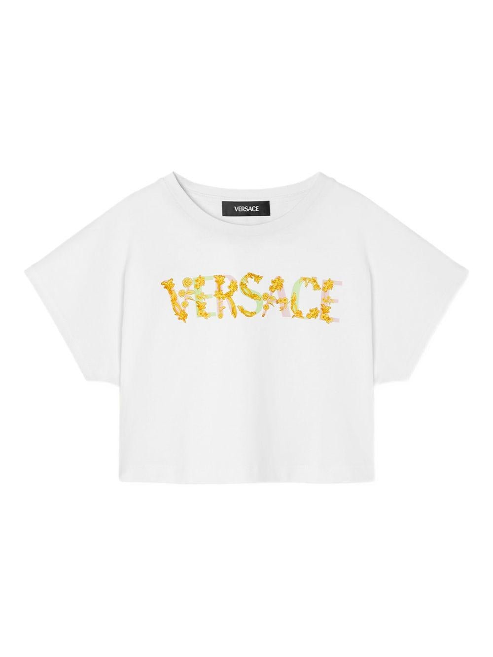 T-shirt crop per bambina Versace Kids bianco con stampa logo - Rubino Kids