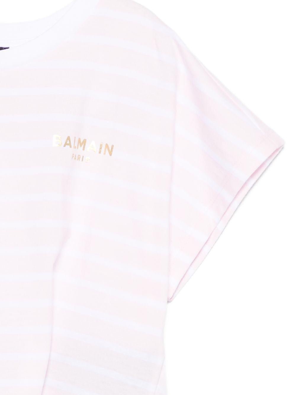 T-shirt da bambina Balmain Kids rosa con motivo a righe - Rubino Kids