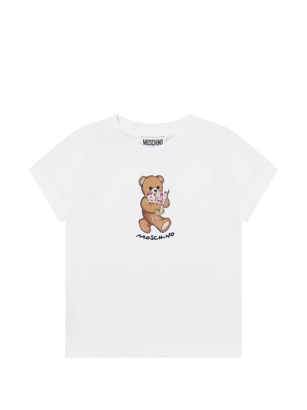 T-shirt da bambina Moschino Kids bianca con stampa orsacchiotto - Rubino Kids