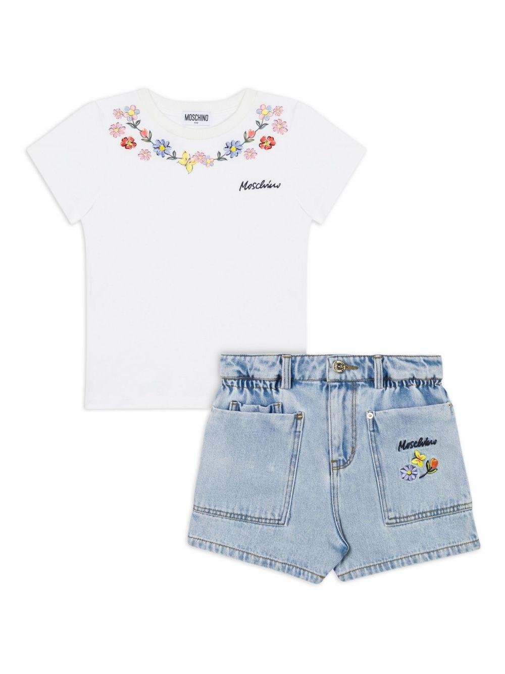 T-shirt e shorts per bambina Moschino Kids bianco con ricamo a fiori - Rubino Kids