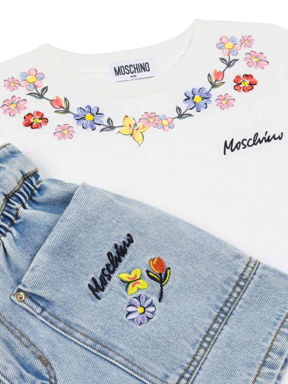 T-shirt e shorts per bambina Moschino Kids bianco con ricamo a fiori - Rubino Kids