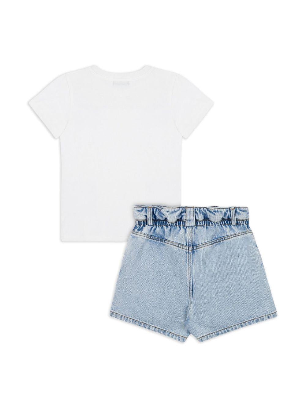 T-shirt e shorts per bambina Moschino Kids bianco con ricamo a fiori - Rubino Kids
