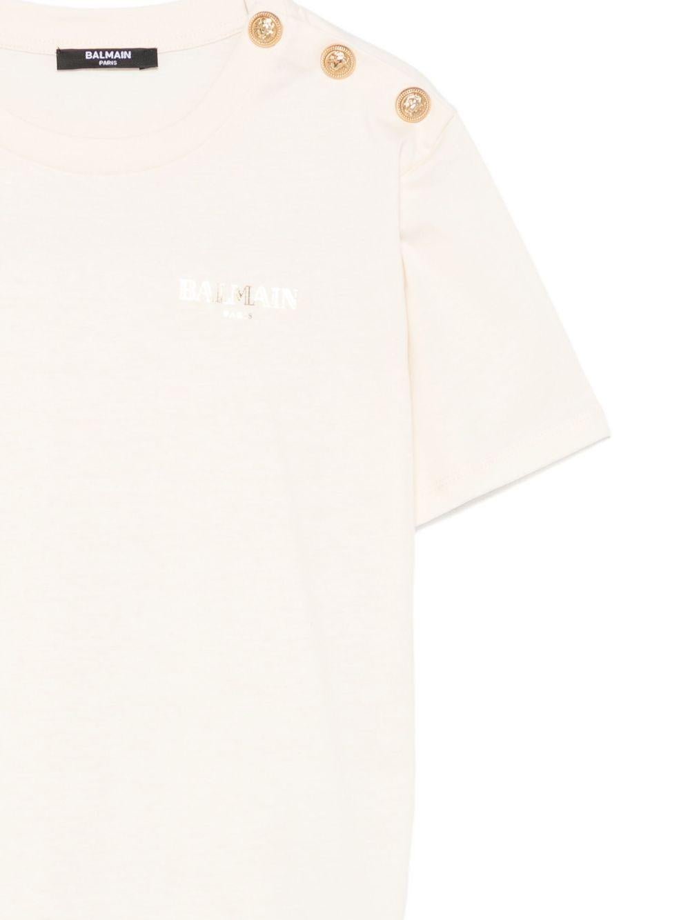 T-shirt per bambina Balmain Kids beige con ricamo logo e abbottonatura - Rubino Kids