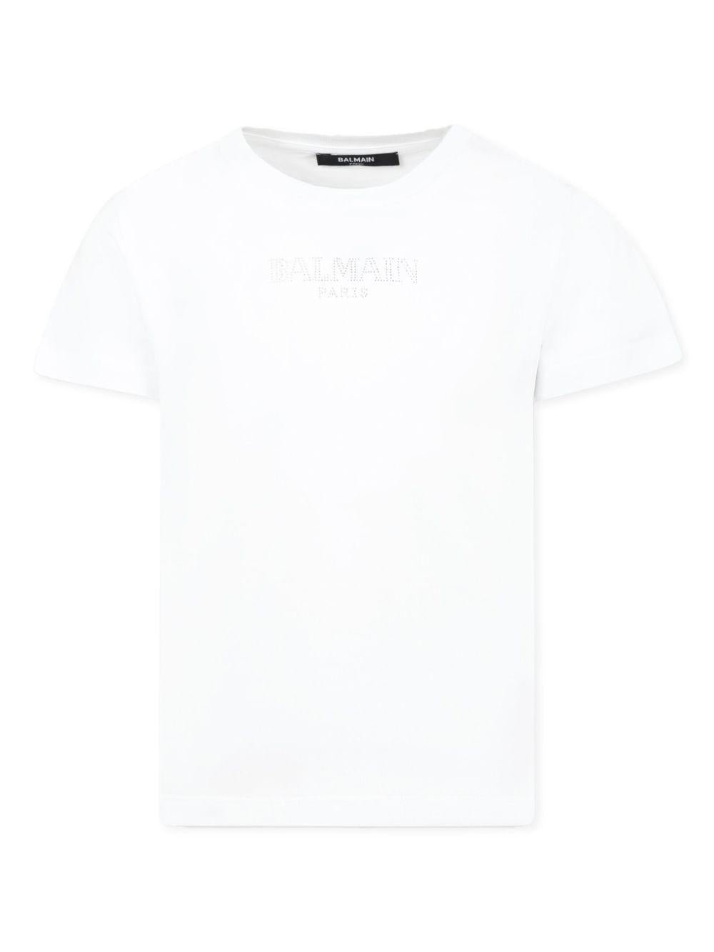T-shirt per bambina Balmain Kids bianco con decorazione logo con strass - Rubino Kids