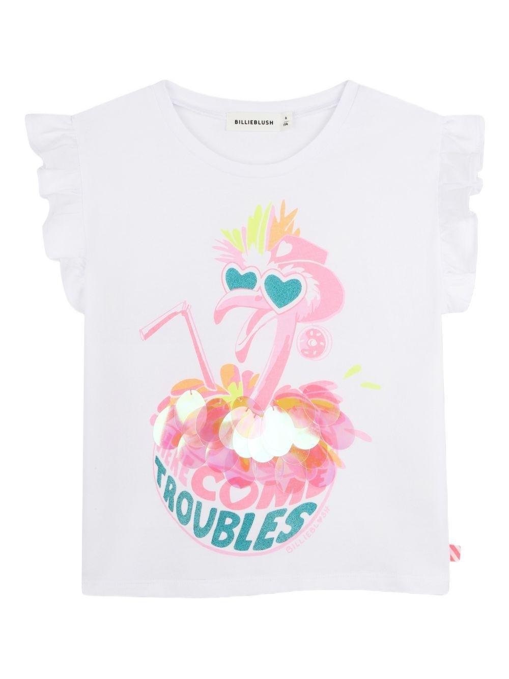 T-shirt per bambina Billieblush bianca con stampa grafica Flamingo - Rubino Kids
