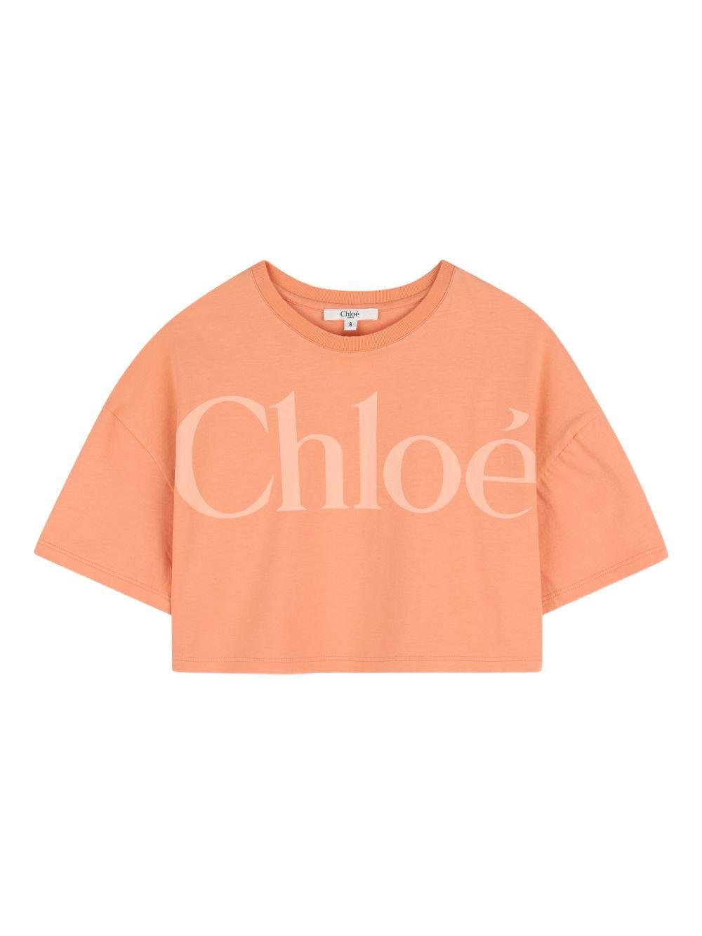 T-shirt per bambina Chloé Kids arancione con logo sul davanti - Rubino Kids