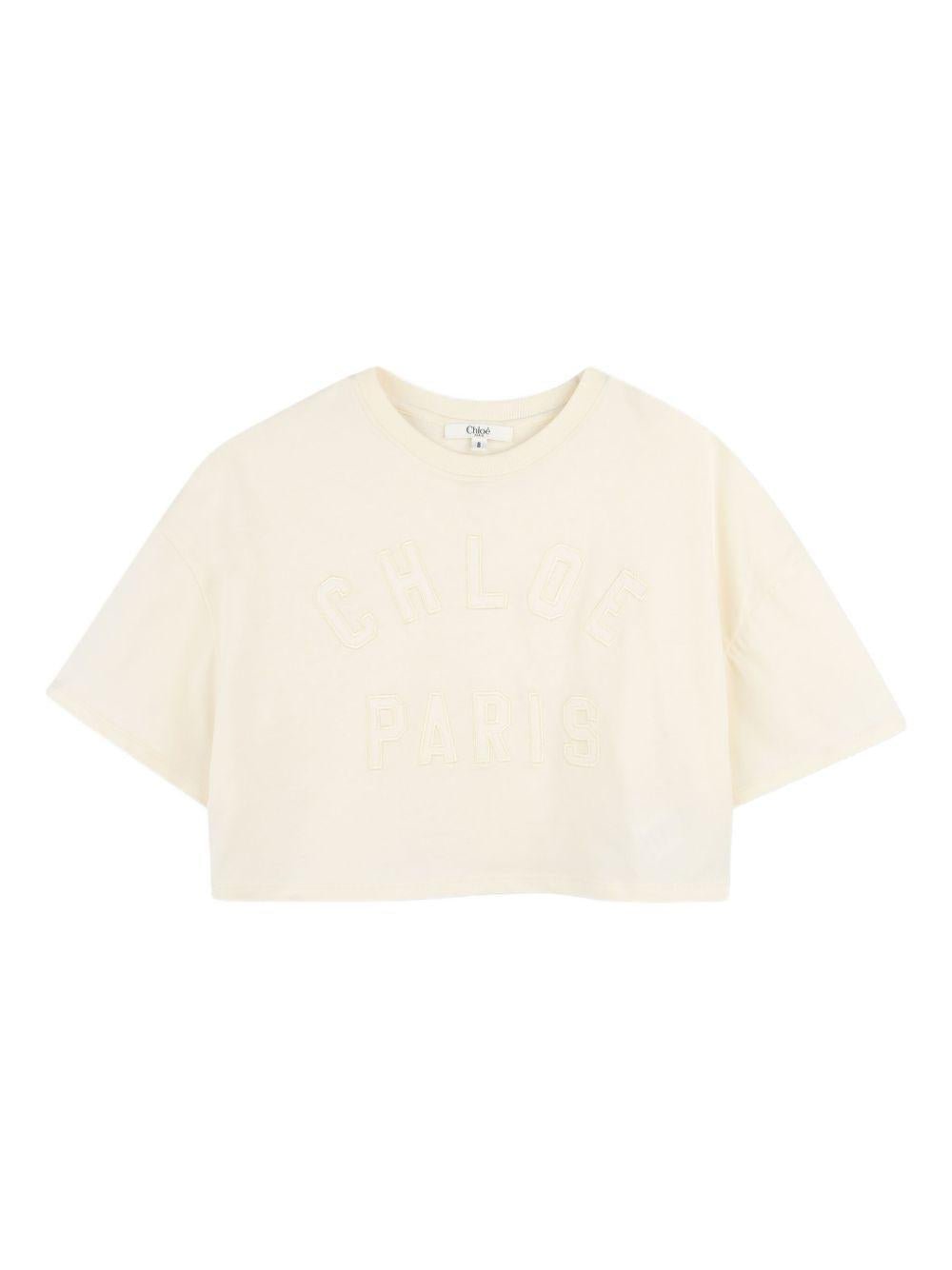 T-shirt per bambina Chloé Kids beige con logo goffrato - Rubino Kids