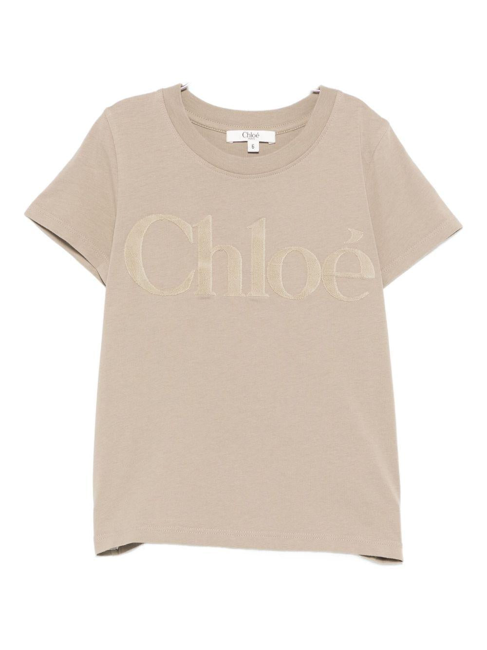 T-shirt per bambina Chloé Kids beige con logo sul davanti - Rubino Kids