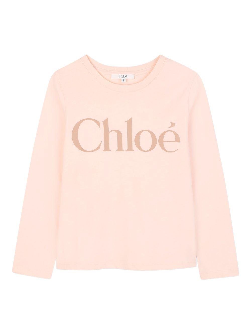T-shirt per bambina Chloé Kids rosa a maniche lunghe con logo - Rubino Kids