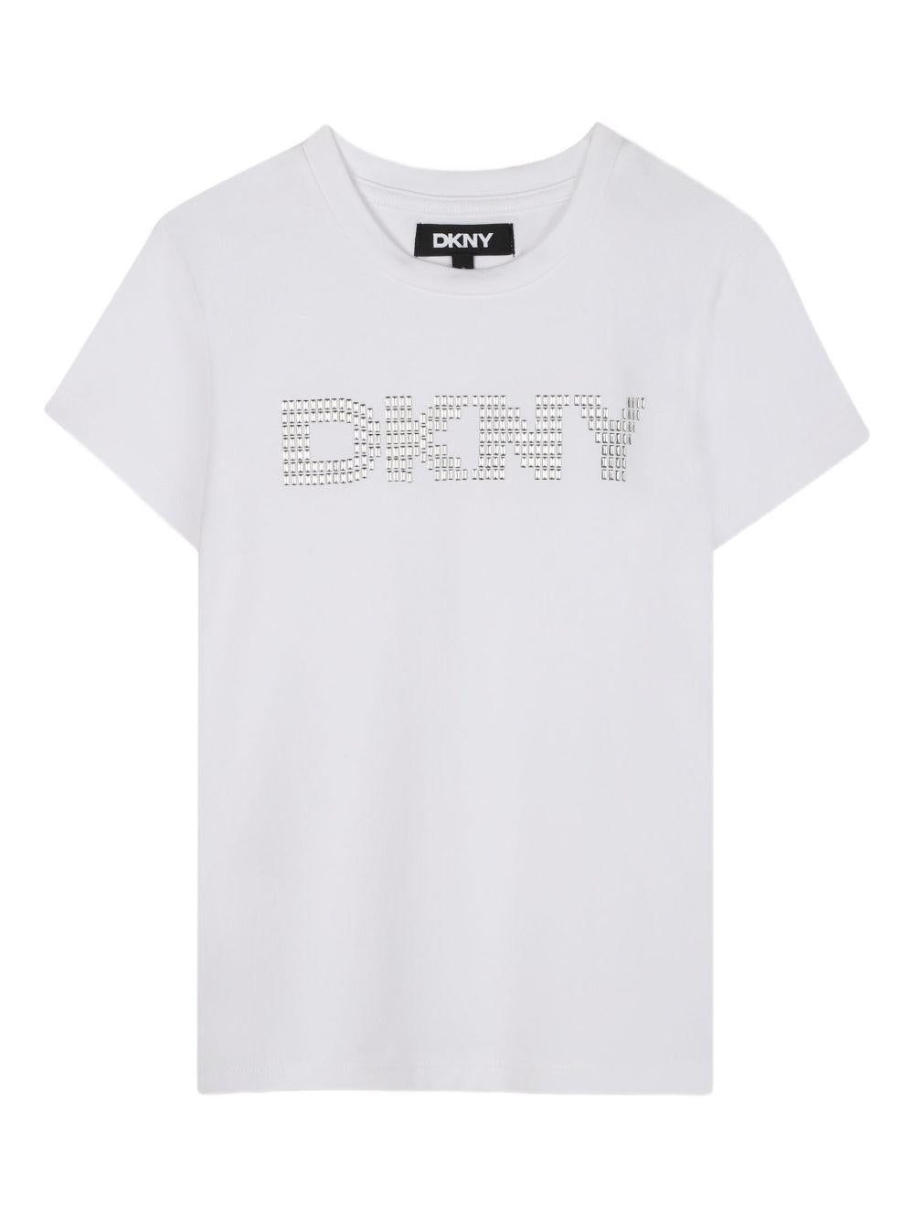 T-shirt per bambina Dkny Kids bianca con logo di borchie - Rubino Kids