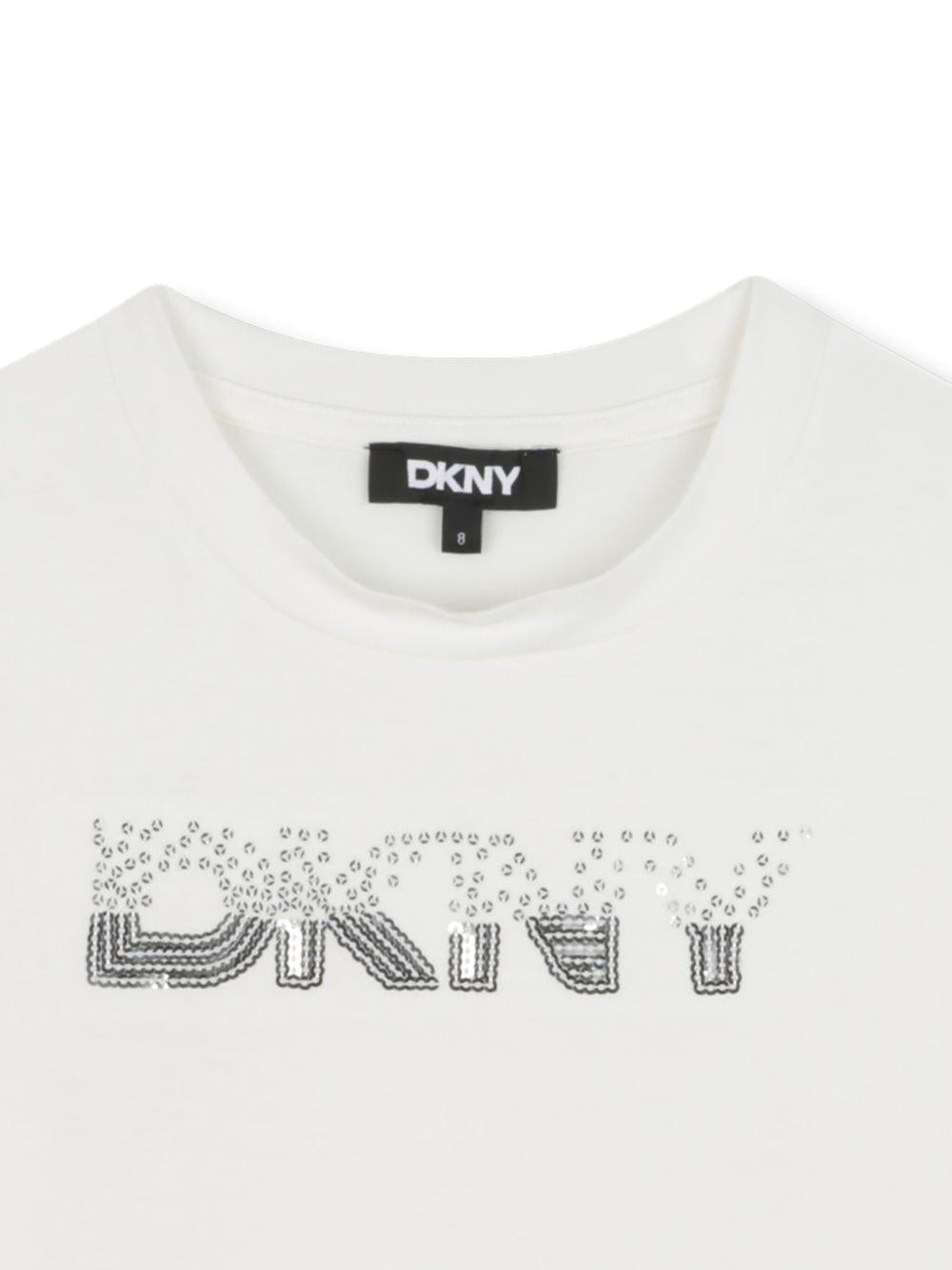 T-shirt per bambina DKNY Kids bianca con logo sul davanti - Rubino Kids