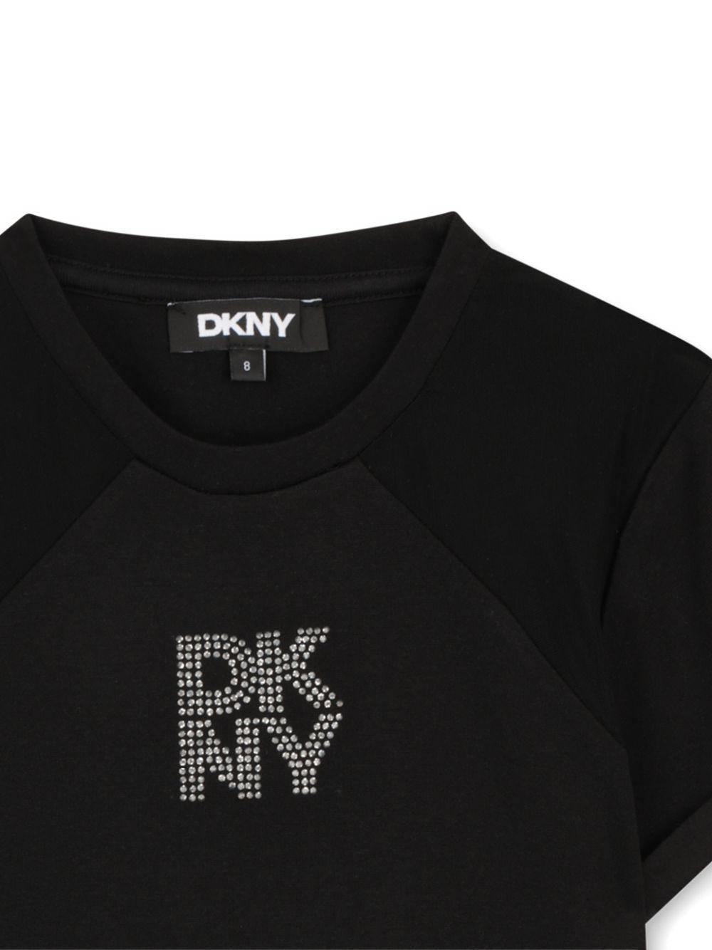 T-shirt per bambina Dkny Kids nera con logo con strass - Rubino Kids
