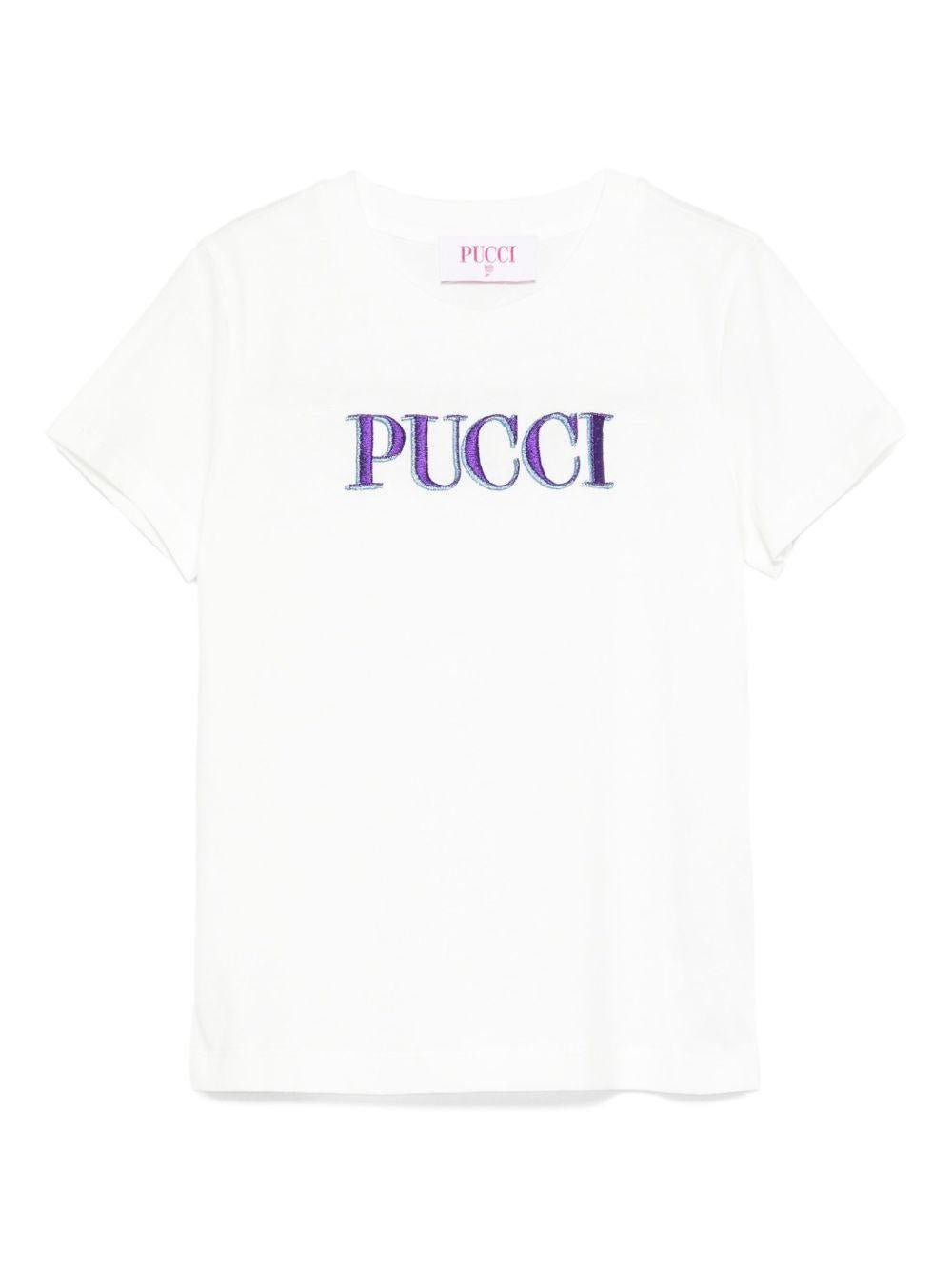 T-shirt per bambina Emilio Pucci Junior bianco con logo ricamato - Rubino Kids