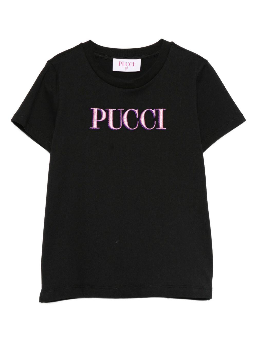T-shirt per bambina Emilio Pucci Junior nero con logo ricamato - Rubino Kids