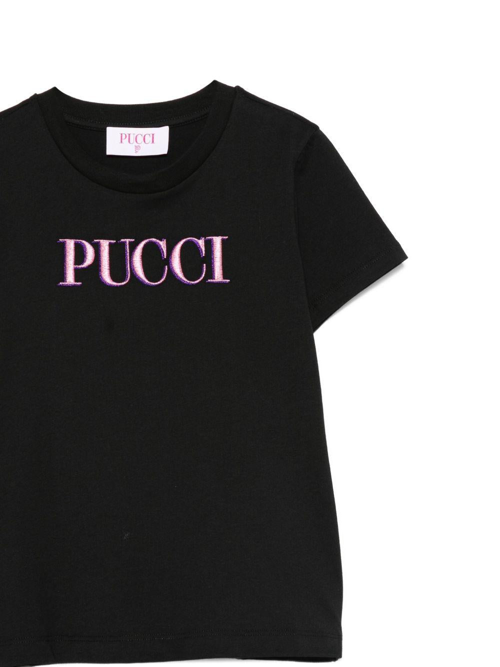 T-shirt per bambina Emilio Pucci Junior nero con logo ricamato - Rubino Kids
