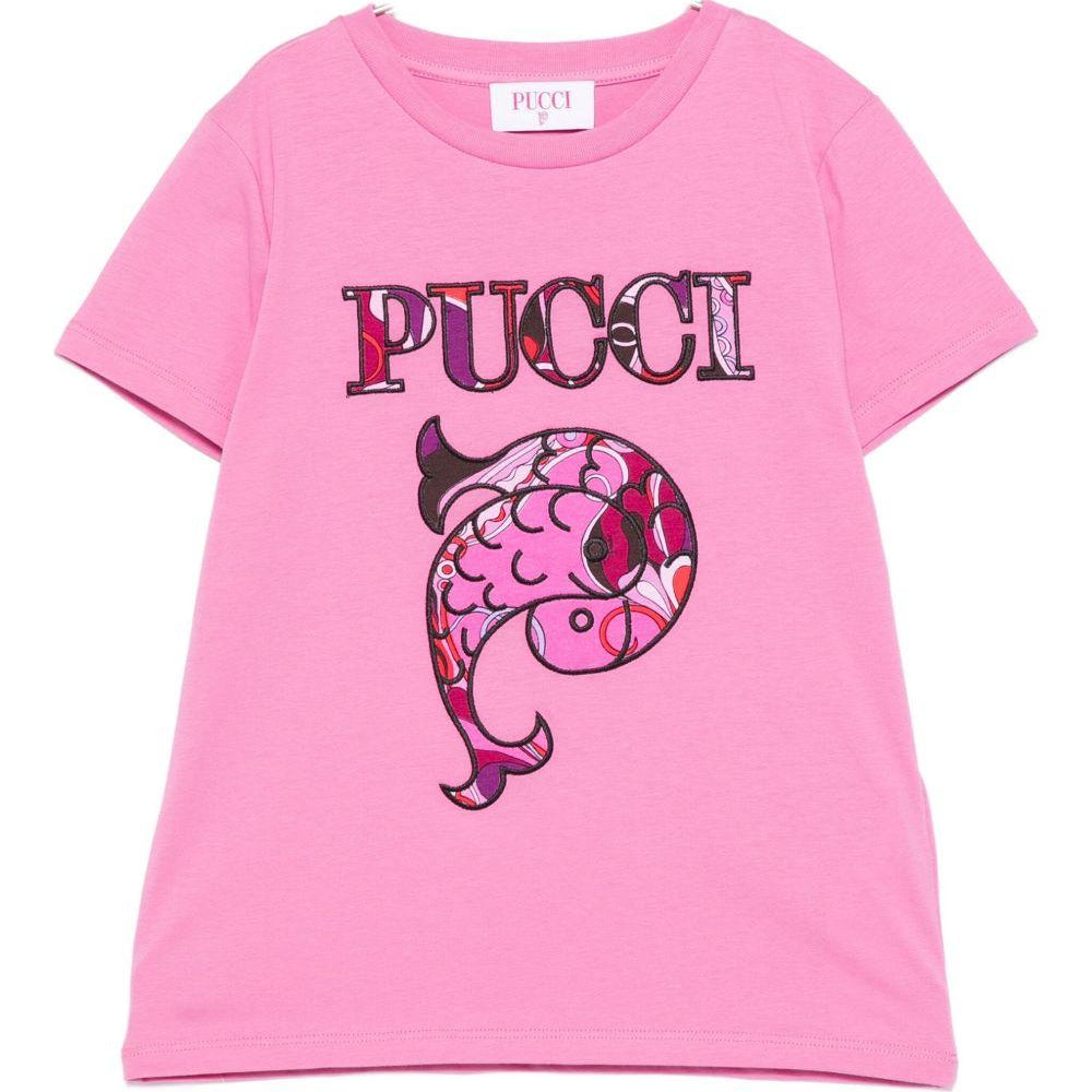 T-shirt per bambina Emilio Pucci Junior rosa con logo sul davanti - Rubino Kids